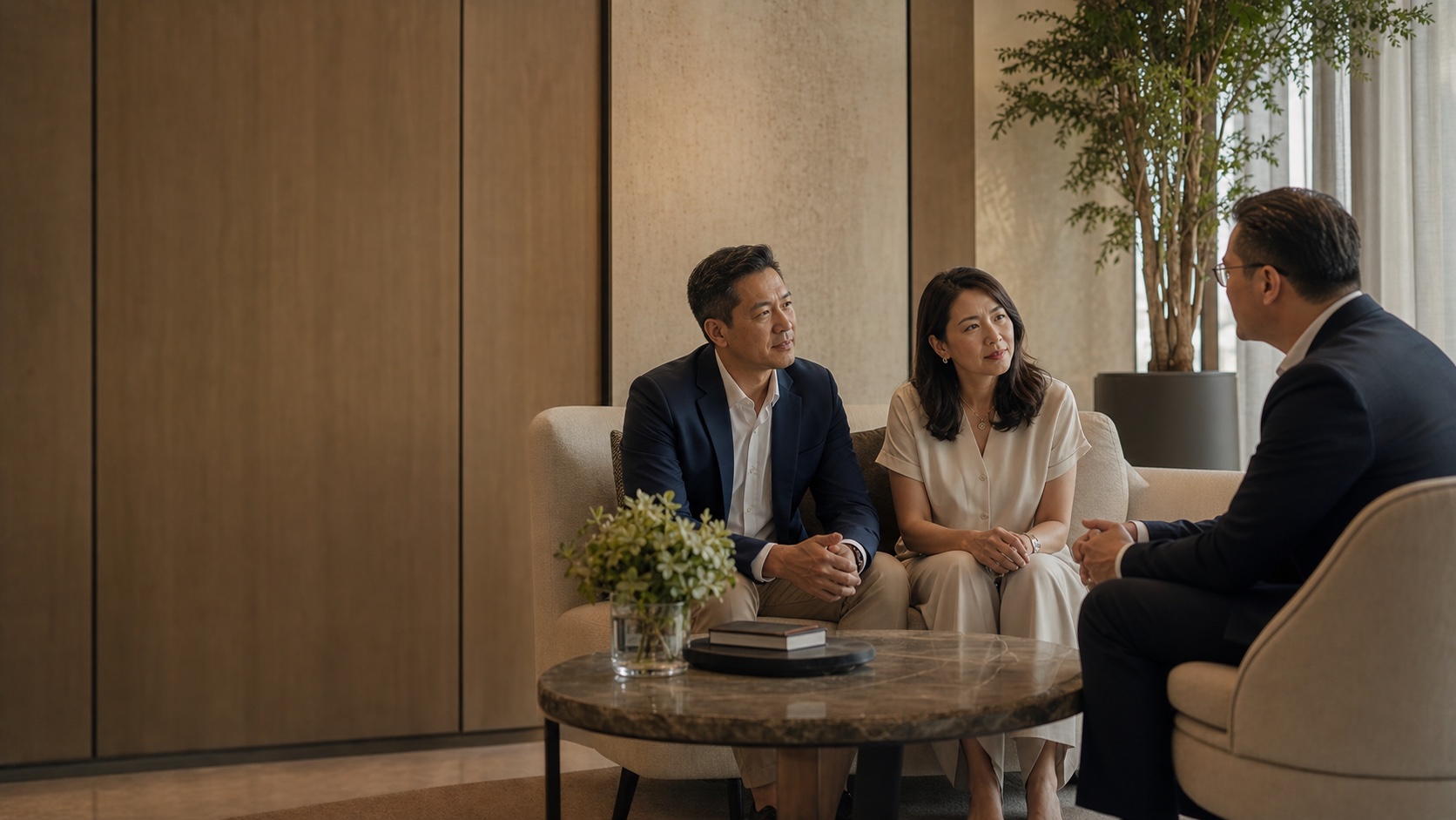 A private advisory conversation in a quiet lounge
