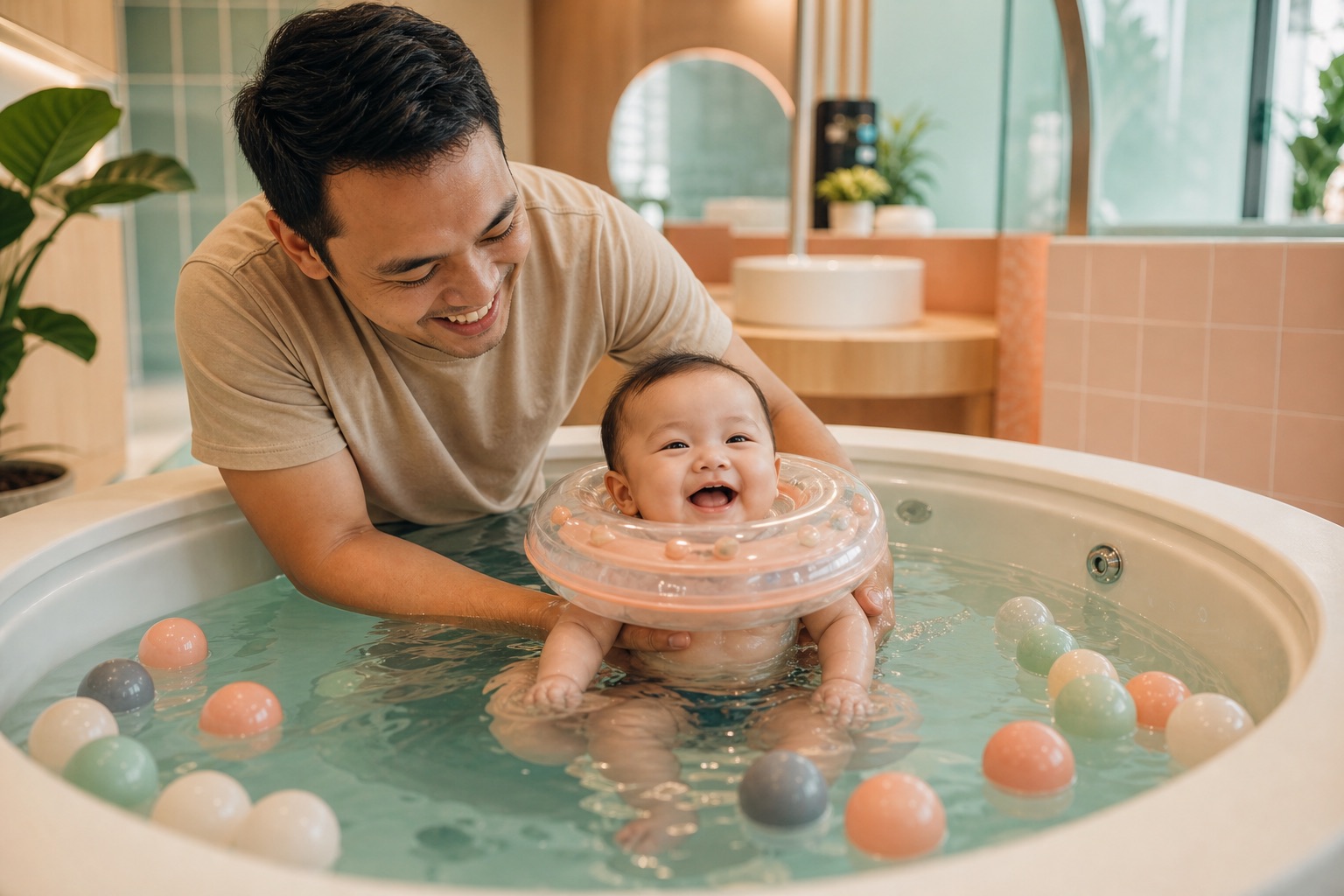 A parent supporting an infant during a supervised warm-water float