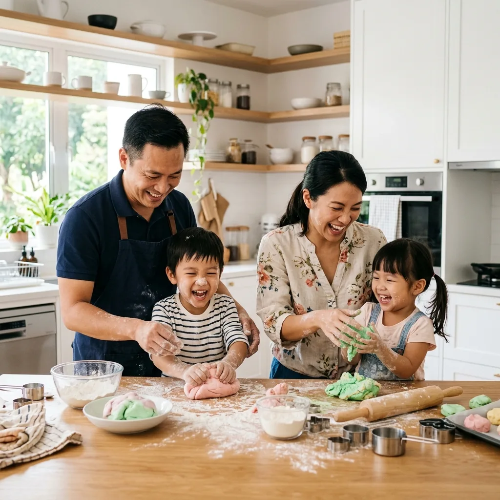 A family baking colourful kuih together