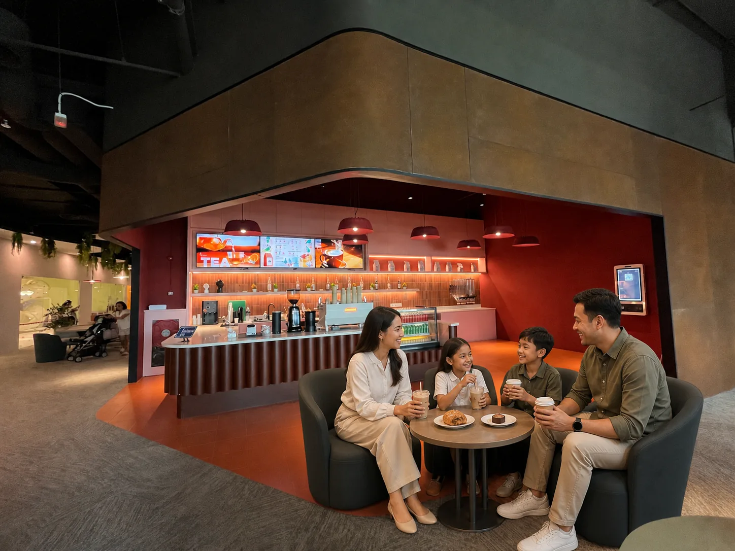 A family enjoying drinks and pastries together at the MyToday café