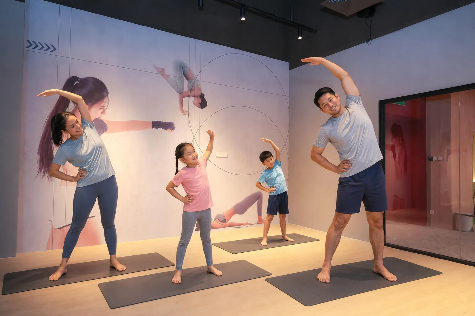 Parents and children stretching together in the MyToday fitness room