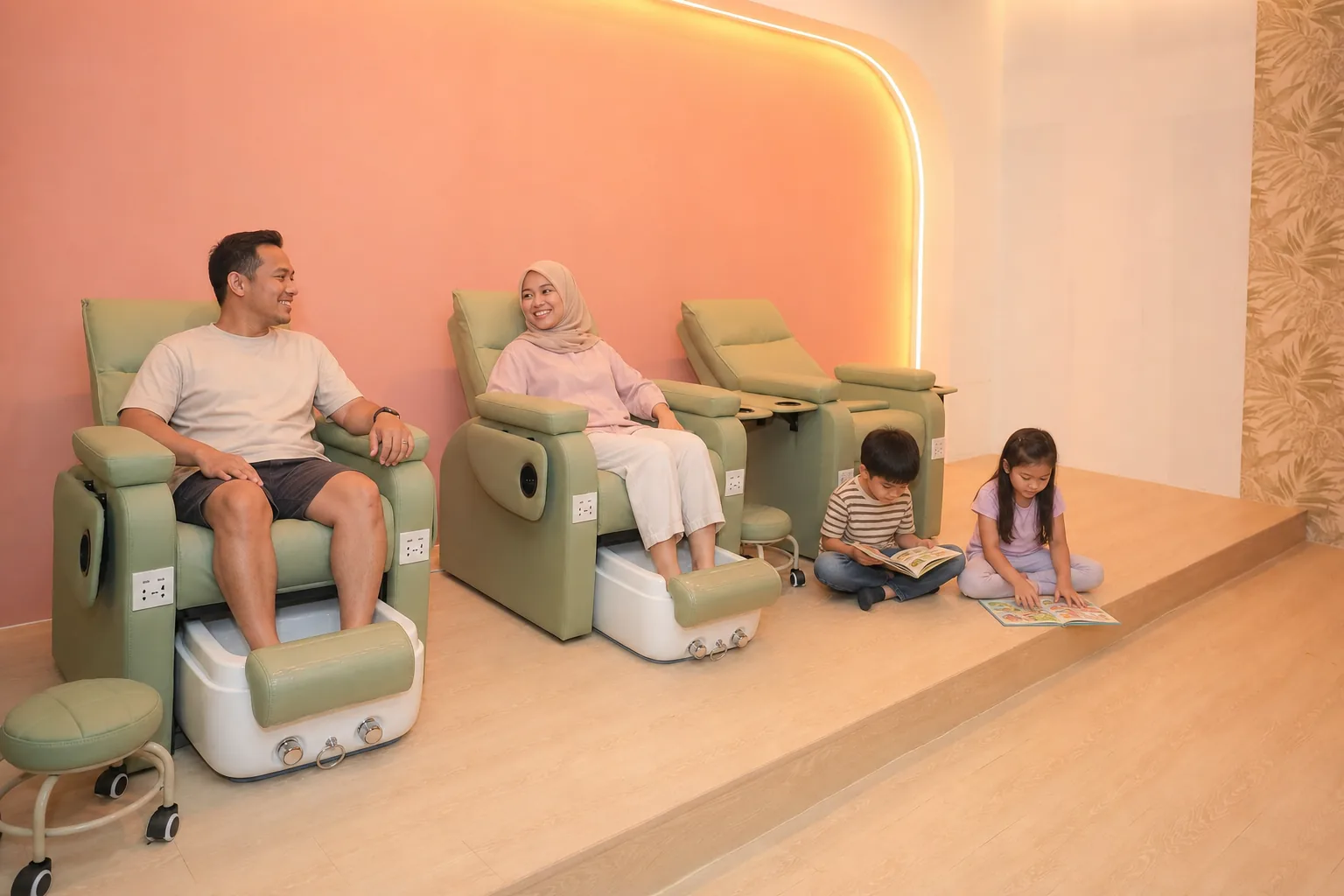Parents relaxing while their children sit nearby in the MyToday leg massage area