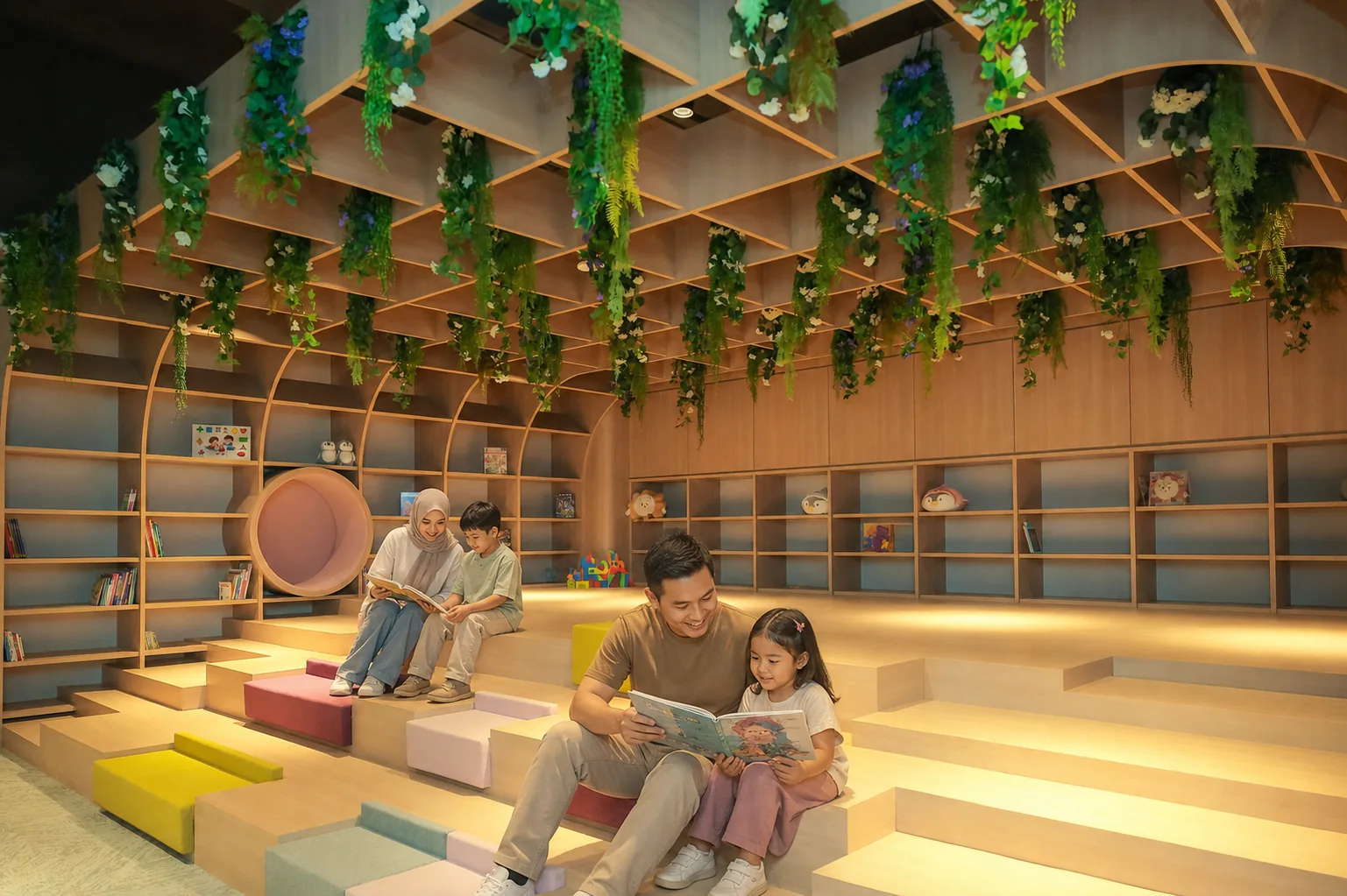 Parents and children reading together in the green MyToday library