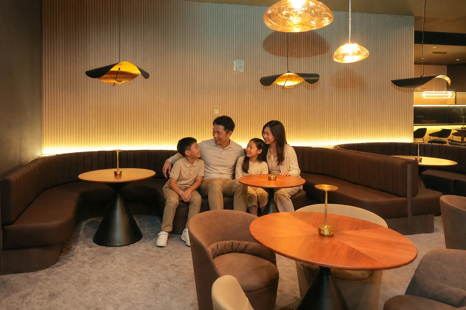 Parents and children relaxing together in the warm MyToday VIP Lounge