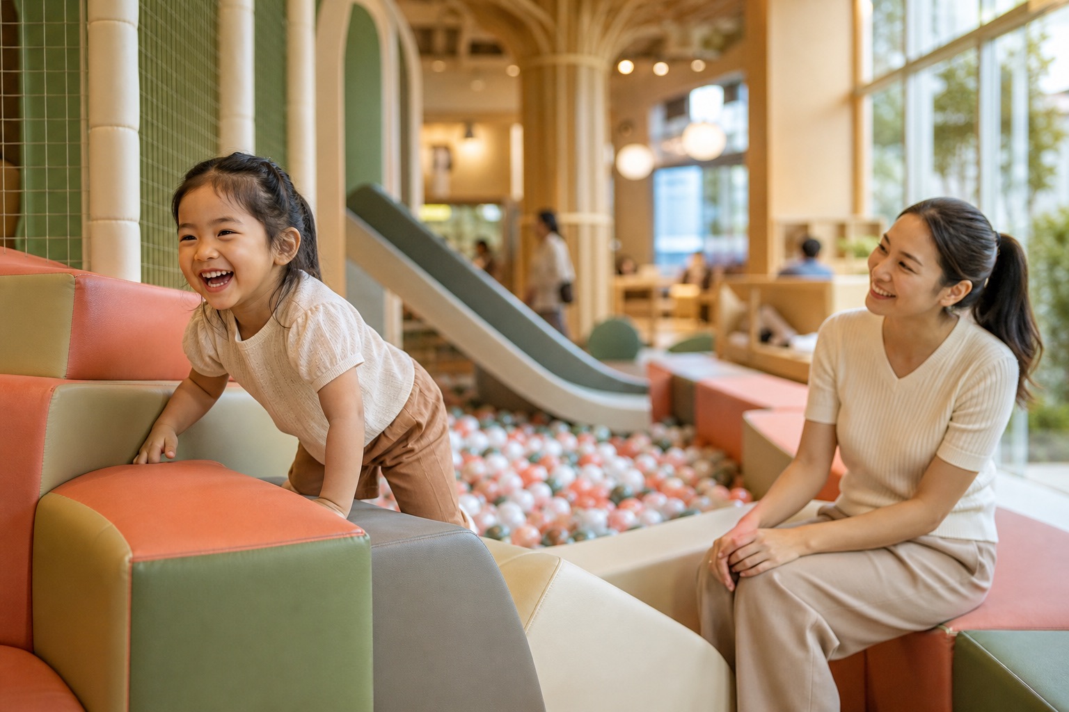 A child climbing soft-play equipment while a parent watches nearby