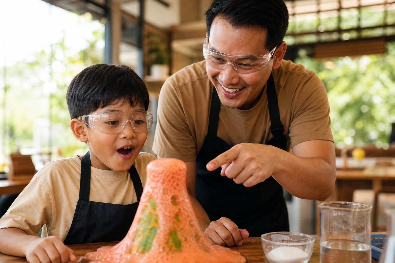 A parent and child watching a colourful science experiment together
