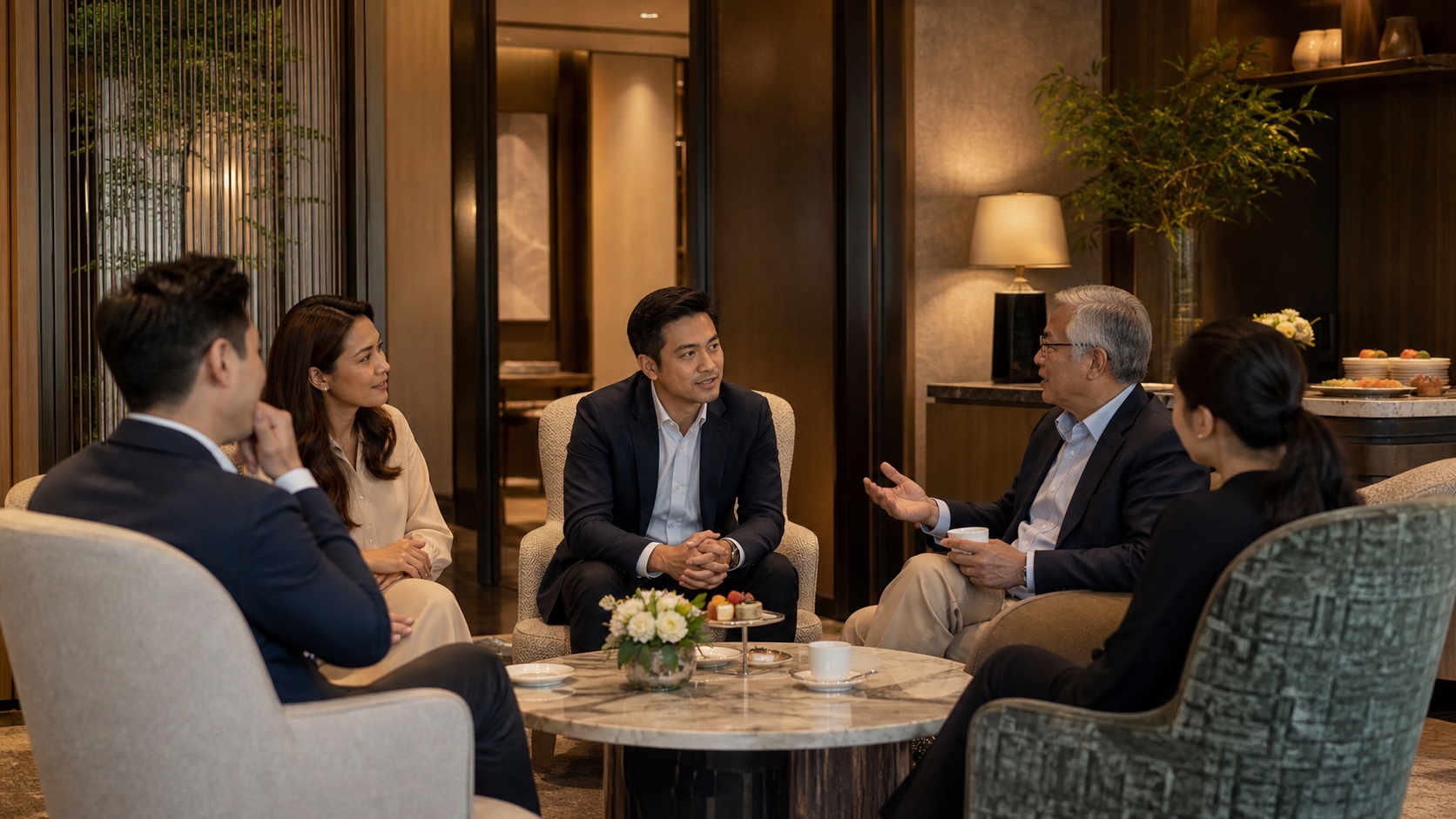 A multigenerational family conversation in a private lounge